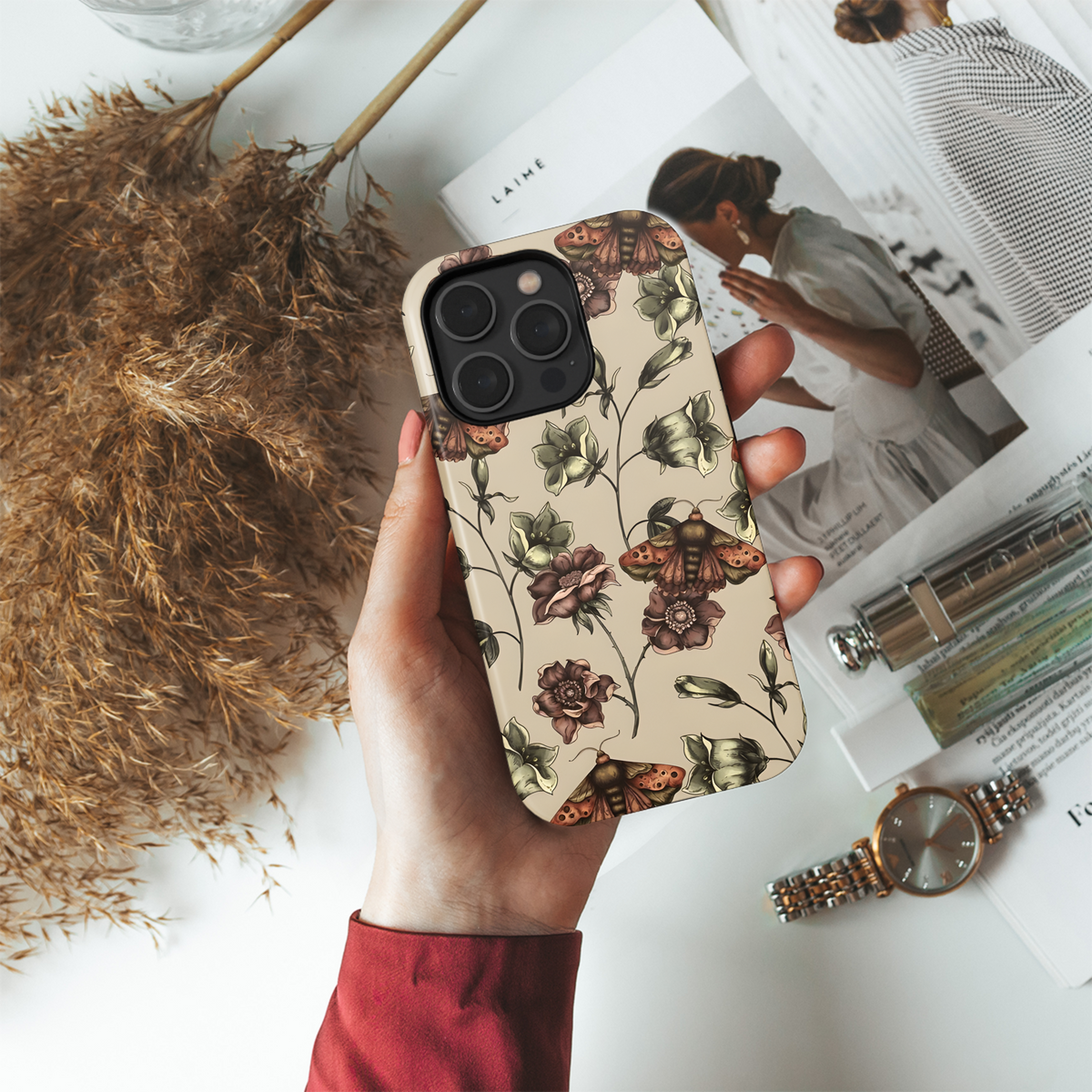 Floral Vintage Dark Wildflowers Moth Phone Case iPhone Samsung Cover Pixel 3938 - Image 4