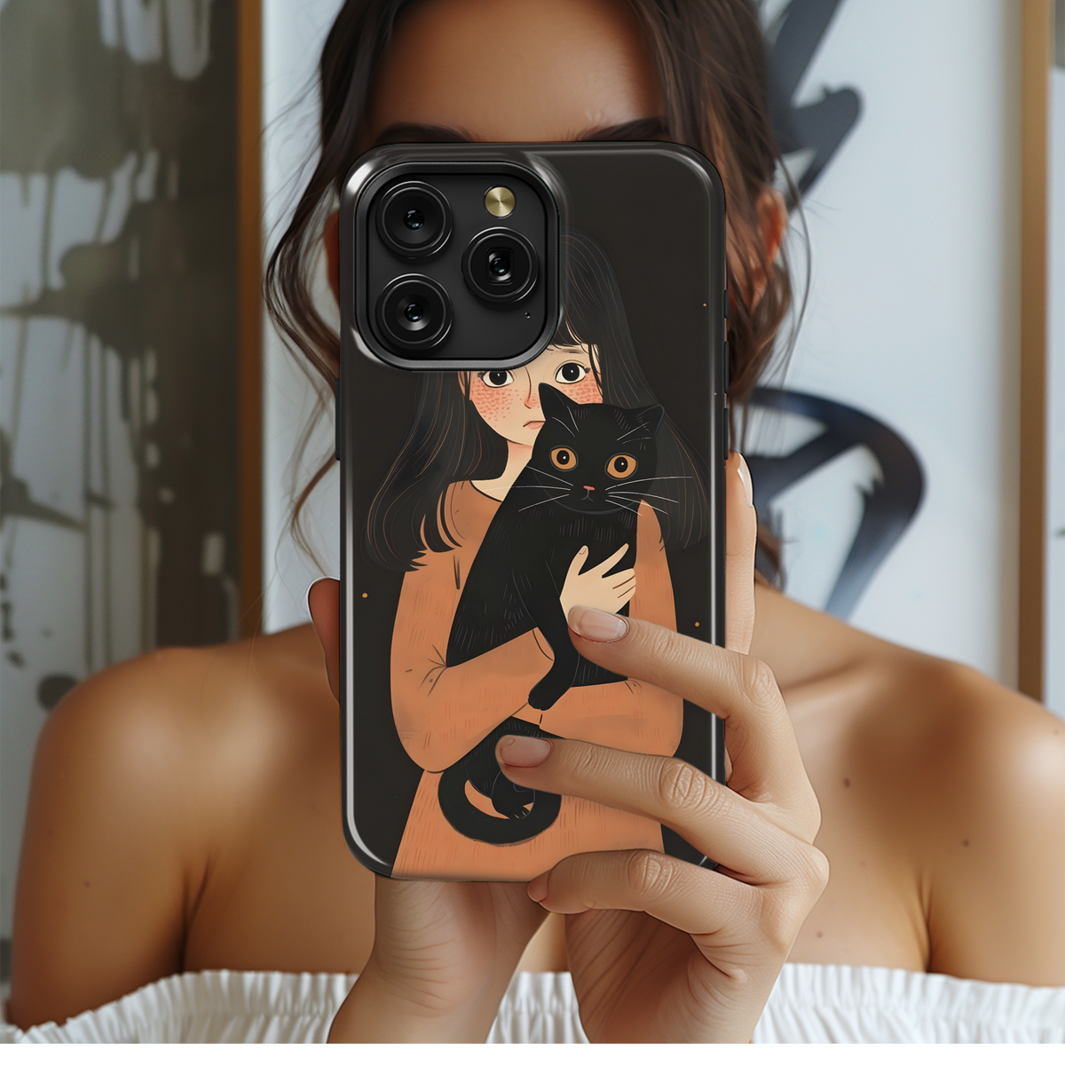 Girl and Black Cat Phone Case iPhone Samsung Cover Pixel 3628 - Image 2