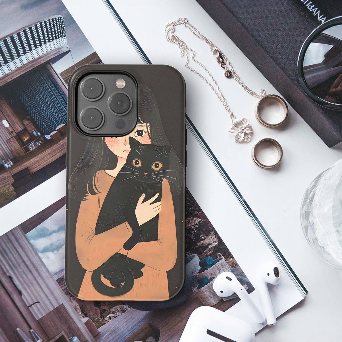 Girl and Black Cat Phone Case iPhone Samsung Cover Pixel 3628 - Image 3