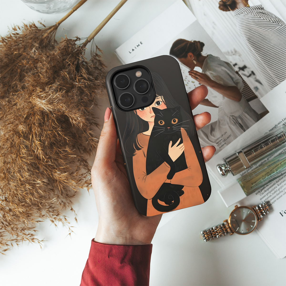 Girl and Black Cat Phone Case iPhone Samsung Cover Pixel 3628 - Image 4