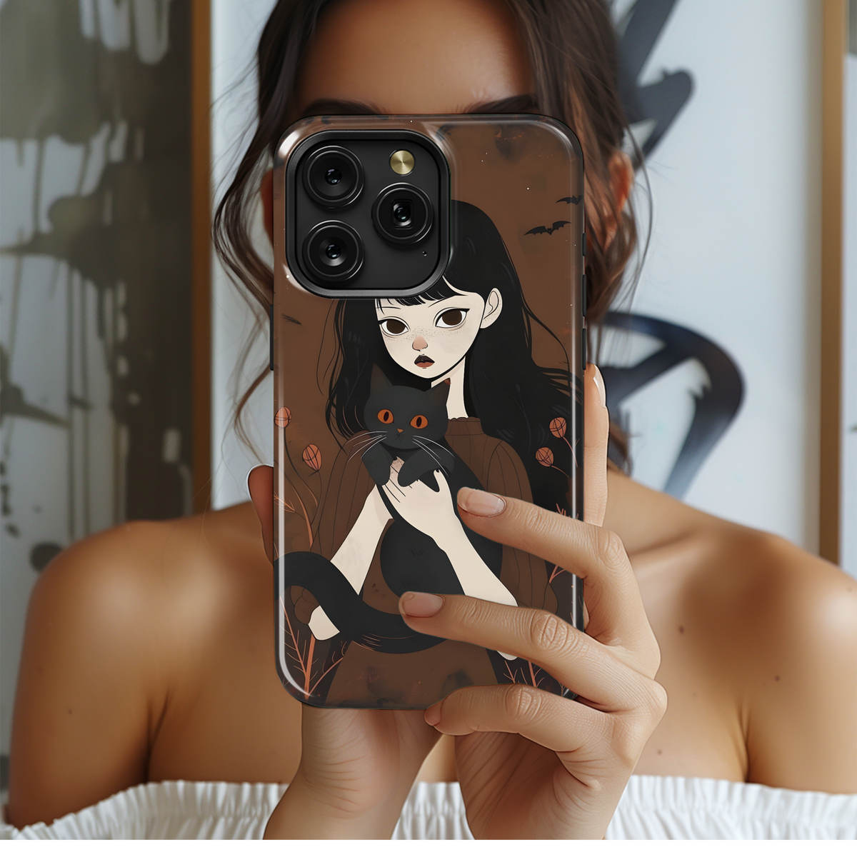 Girl and Black Cat Phone Case iPhone Samsung Cover Pixel 3631 - Image 2