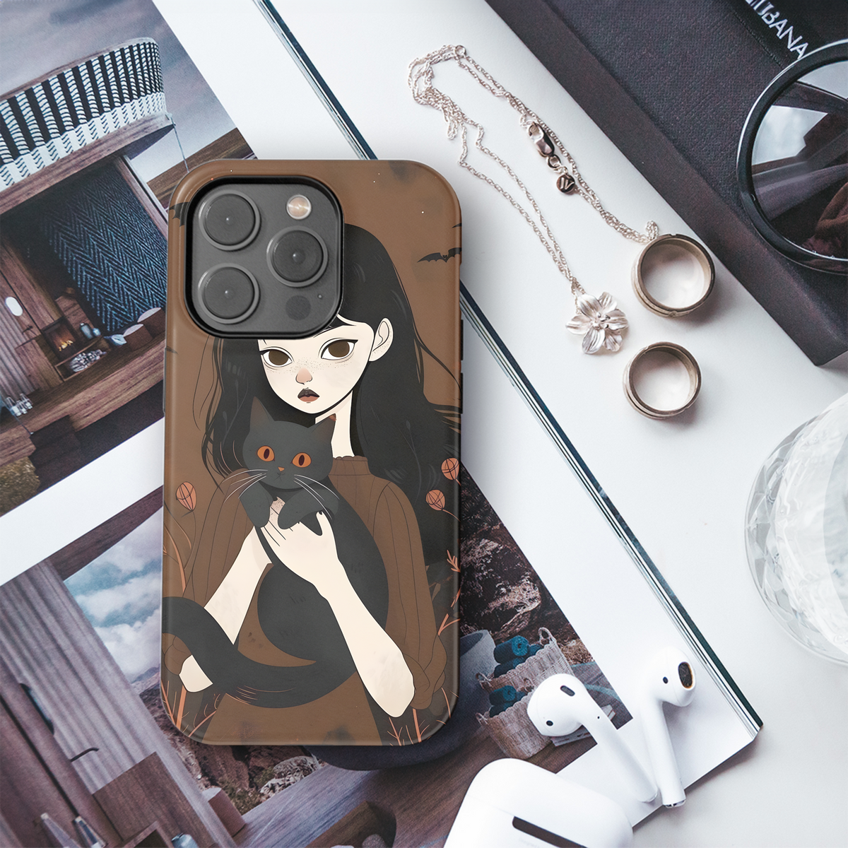 Girl and Black Cat Phone Case iPhone Samsung Cover Pixel 3631 - Image 3