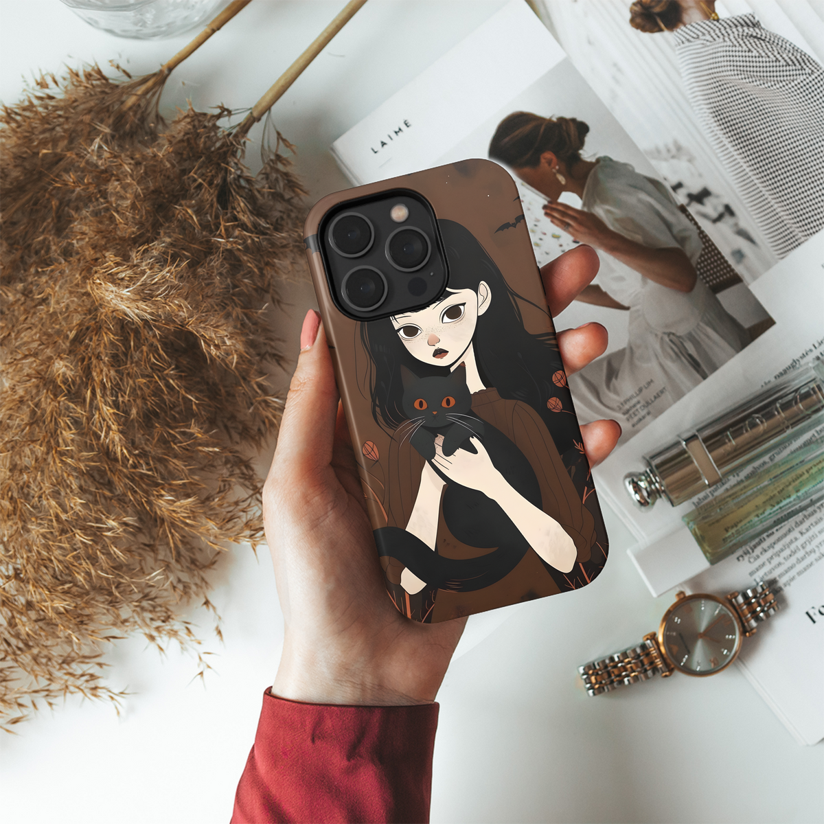 Girl and Black Cat Phone Case iPhone Samsung Cover Pixel 3631 - Image 4