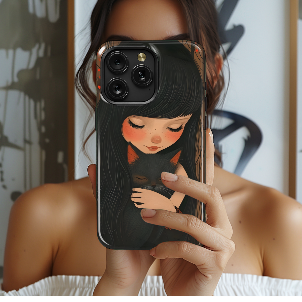 Girl and Black Cat Phone Case iPhone Samsung Cover Pixel 3632 - Image 2