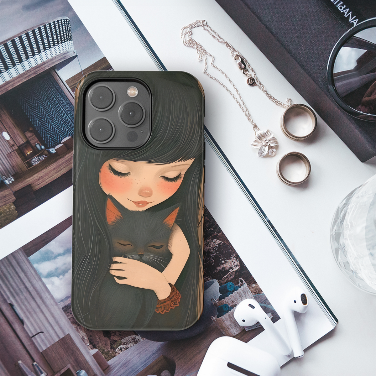 Girl and Black Cat Phone Case iPhone Samsung Cover Pixel 3632 - Image 3