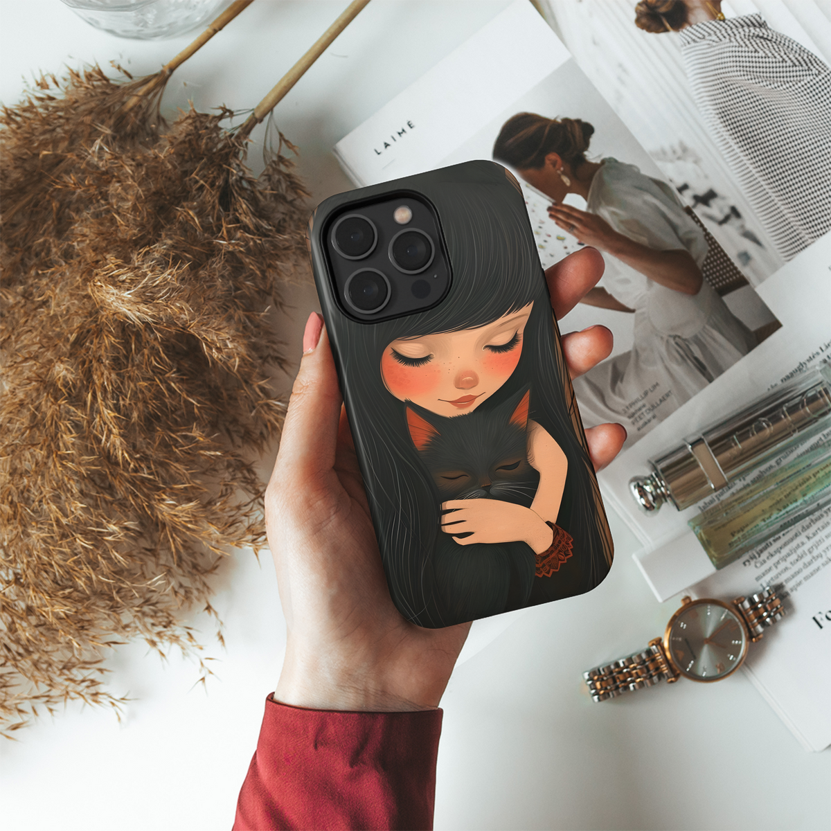 Girl and Black Cat Phone Case iPhone Samsung Cover Pixel 3632 - Image 4