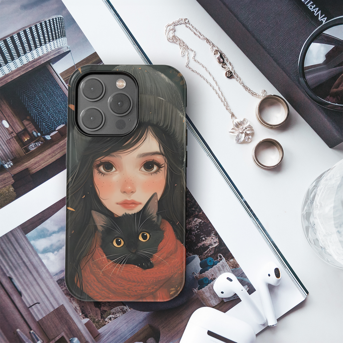 Girl and Black Cat Phone Case iPhone Samsung Cover Pixel 3635 - Image 3