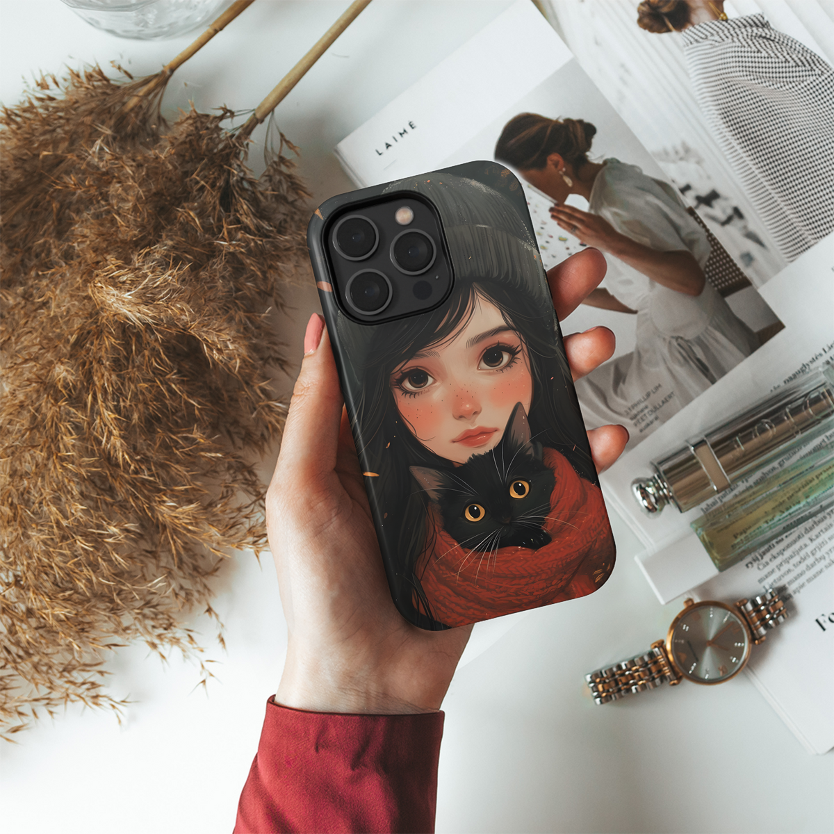 Girl and Black Cat Phone Case iPhone Samsung Cover Pixel 3635 - Image 4