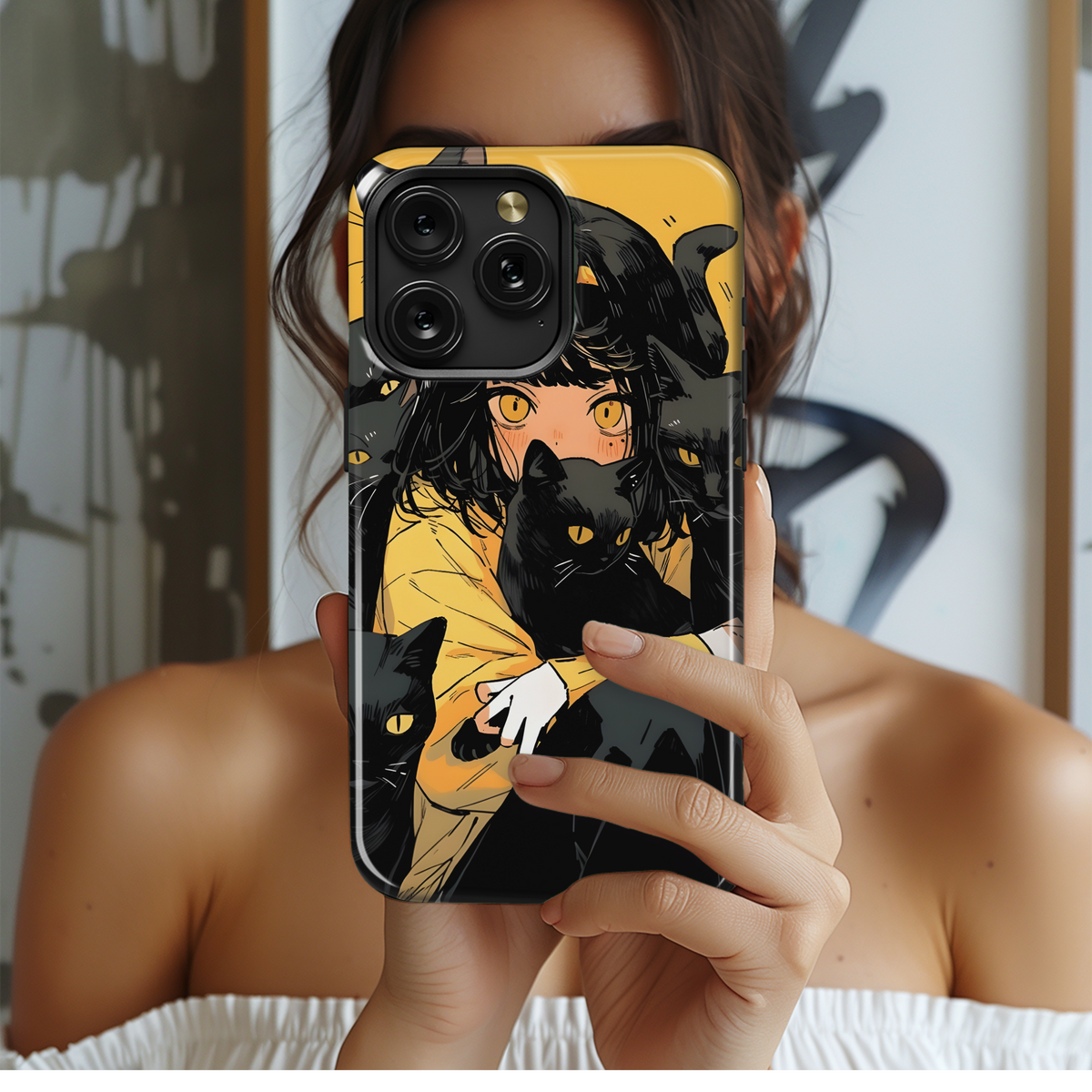 Girl and Black Cats Phone Case iPhone Samsung Cover Pixel 3637 - Image 2