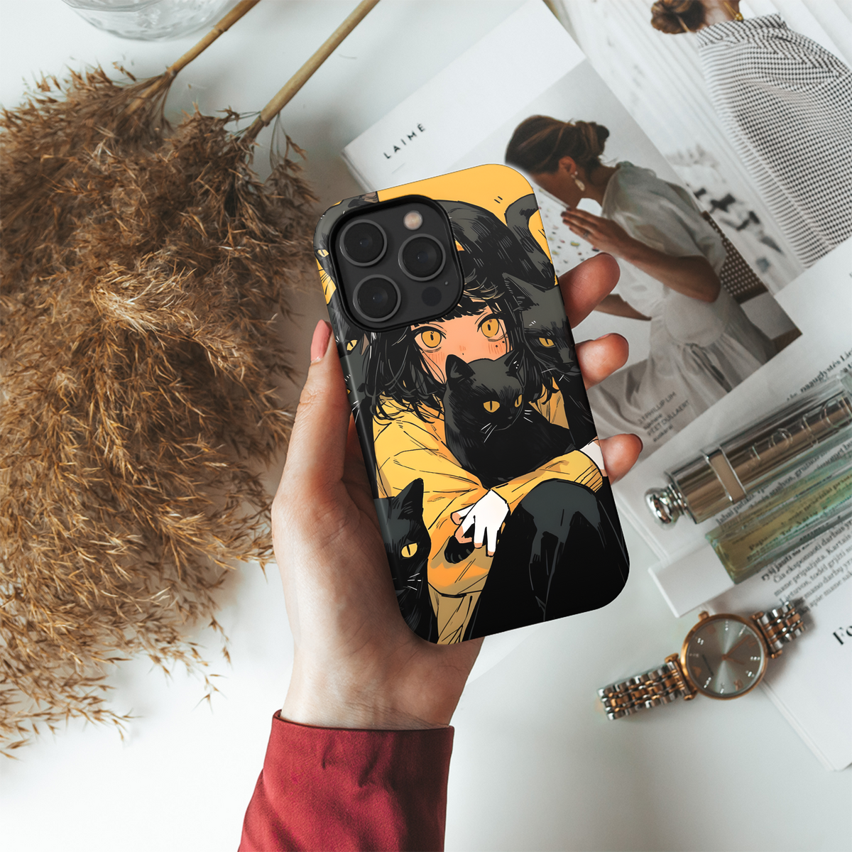 Girl and Black Cats Phone Case iPhone Samsung Cover Pixel 3637 - Image 4