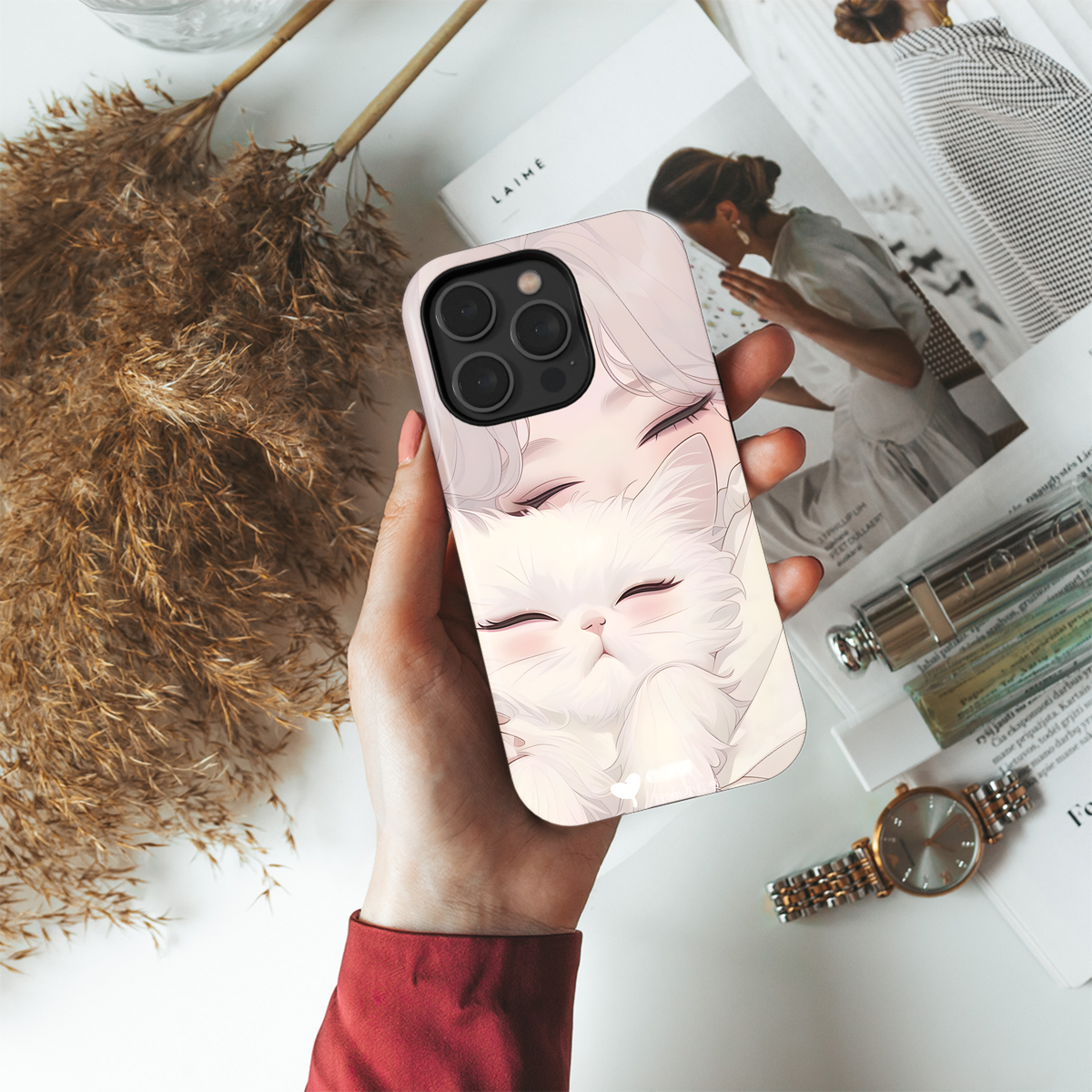 Girl & Fluffy Cat Dream Phone Case iPhone Samsung Cover Pixel 4007 - Image 4