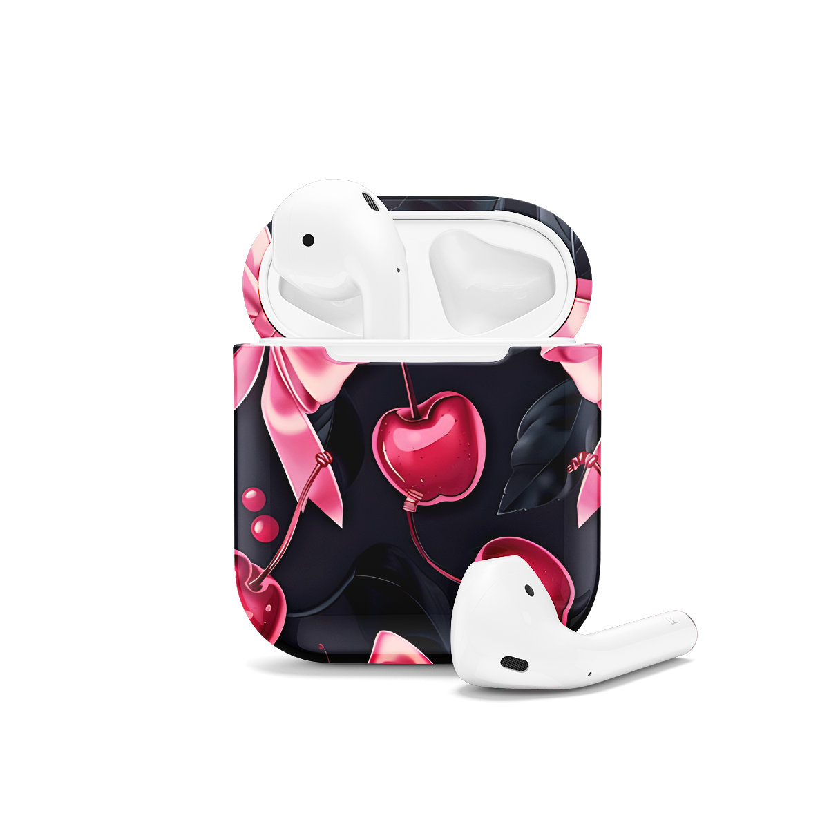 Girly Black Coquette Cherry Pink Bow Ribbons AirPods Case AirPods Pro AirPods Pro 2 AirPods 3 AirPods 2 Glossy 1164 - Image 1