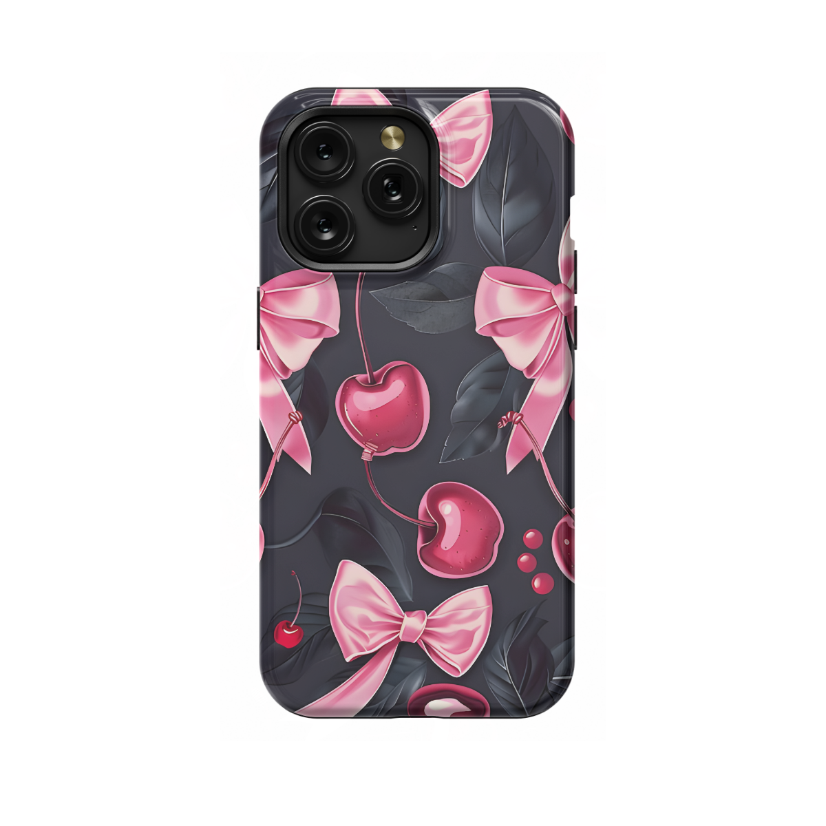 Girly Black Coquette Cherry Pink Bow Ribbons Phone Case iPhone Samsung Cover Pixel 1164 - Image 1