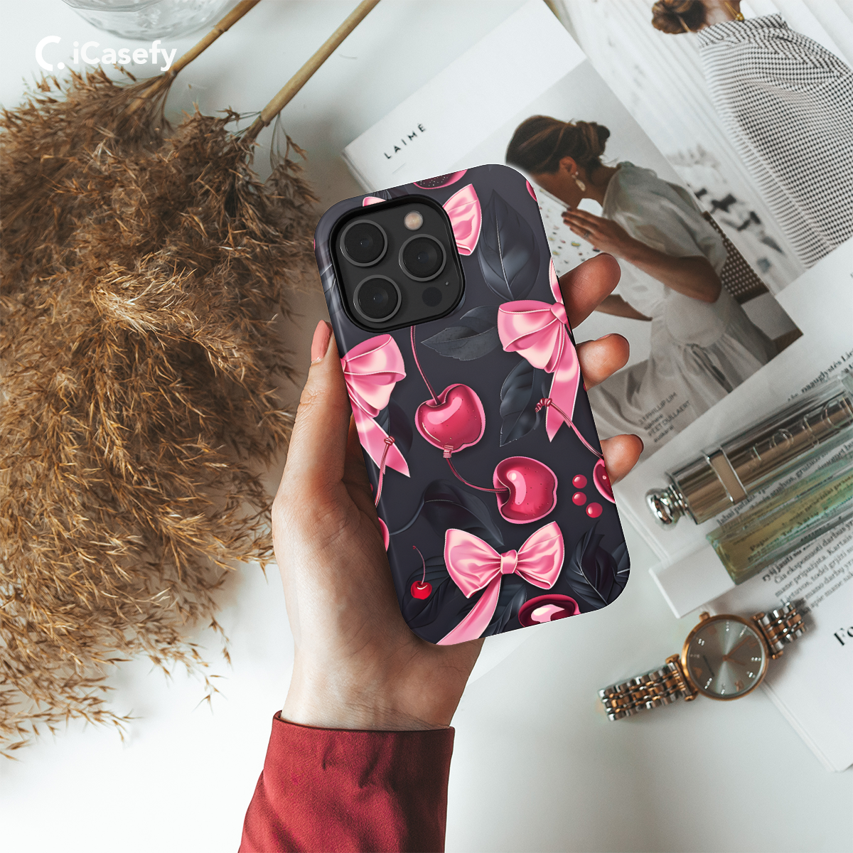 Girly Black Coquette Cherry Pink Bow Ribbons Phone Case iPhone Samsung Cover Pixel 1164 - Image 2