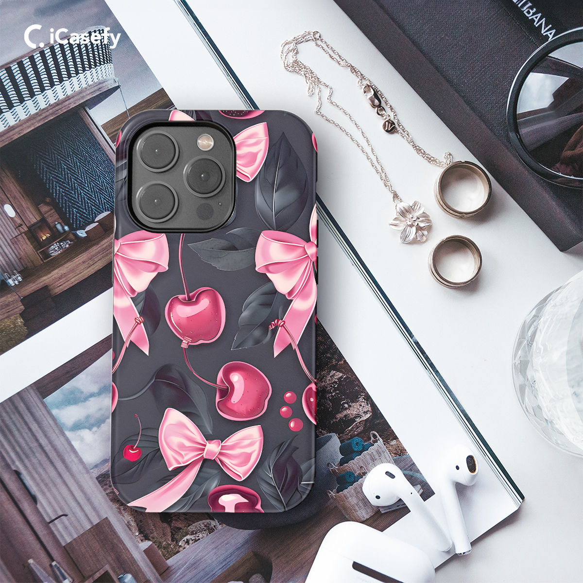 Girly Black Coquette Cherry Pink Bow Ribbons Phone Case iPhone Samsung Cover Pixel 1164 - Image 3