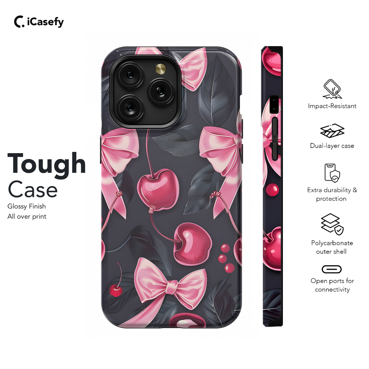 Girly Black Coquette Cherry Pink Bow Ribbons Phone Case iPhone Samsung Cover Pixel 1164 - Image 5