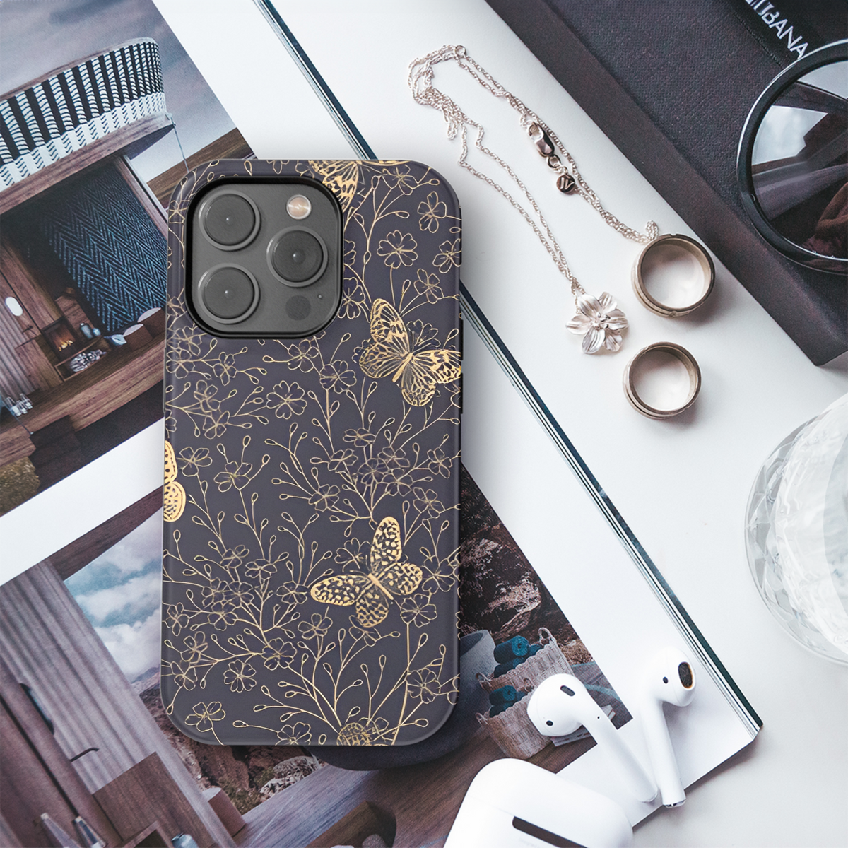 Gold Floral Butterflies Phone Case iPhone Samsung Cover Pixel 2532 - Image 3