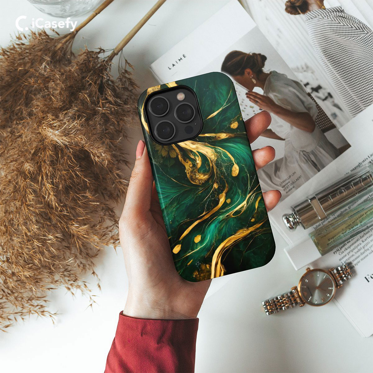 Golden Green Marble Wavy Phone Case iPhone Samsung Pixel & More - Image 2