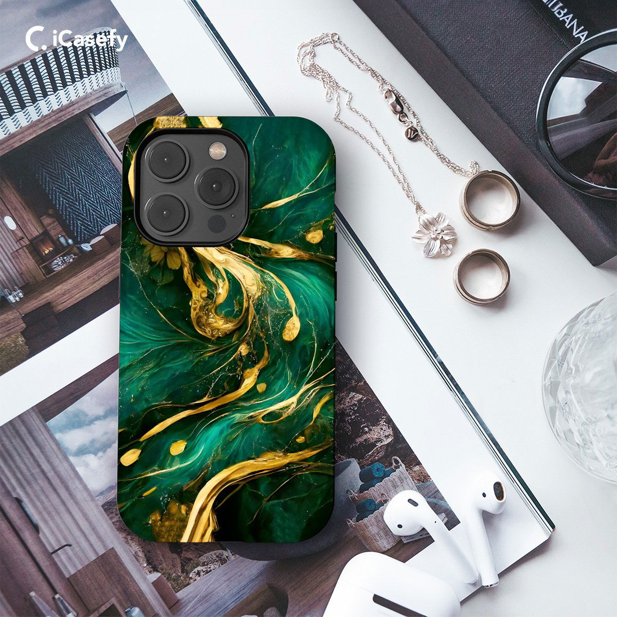 Golden Green Marble Wavy Phone Case iPhone Samsung Pixel & More - Image 3