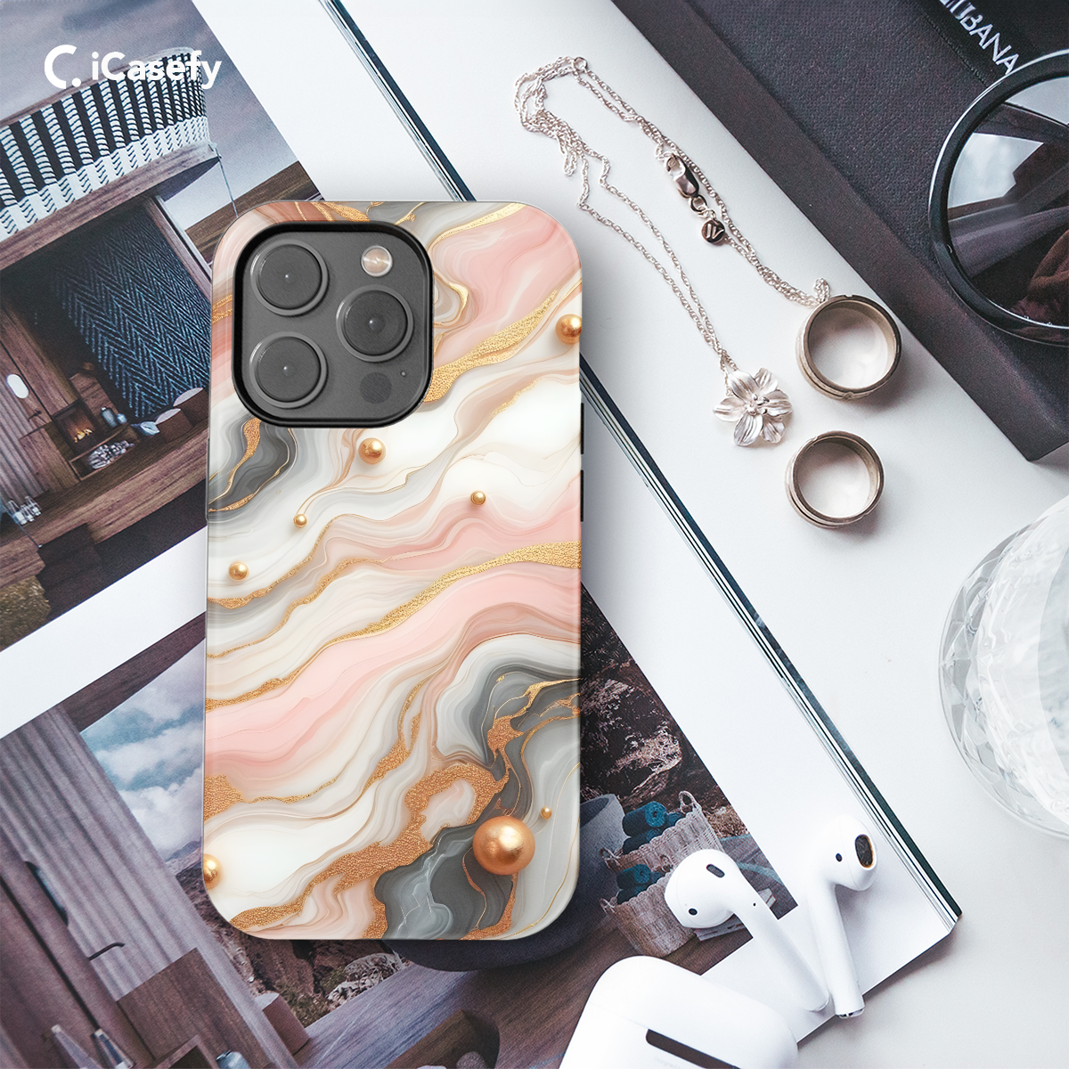 Golden Pink Marble Phone Case iPhone Samsung Pixel & More 176 - Image 3