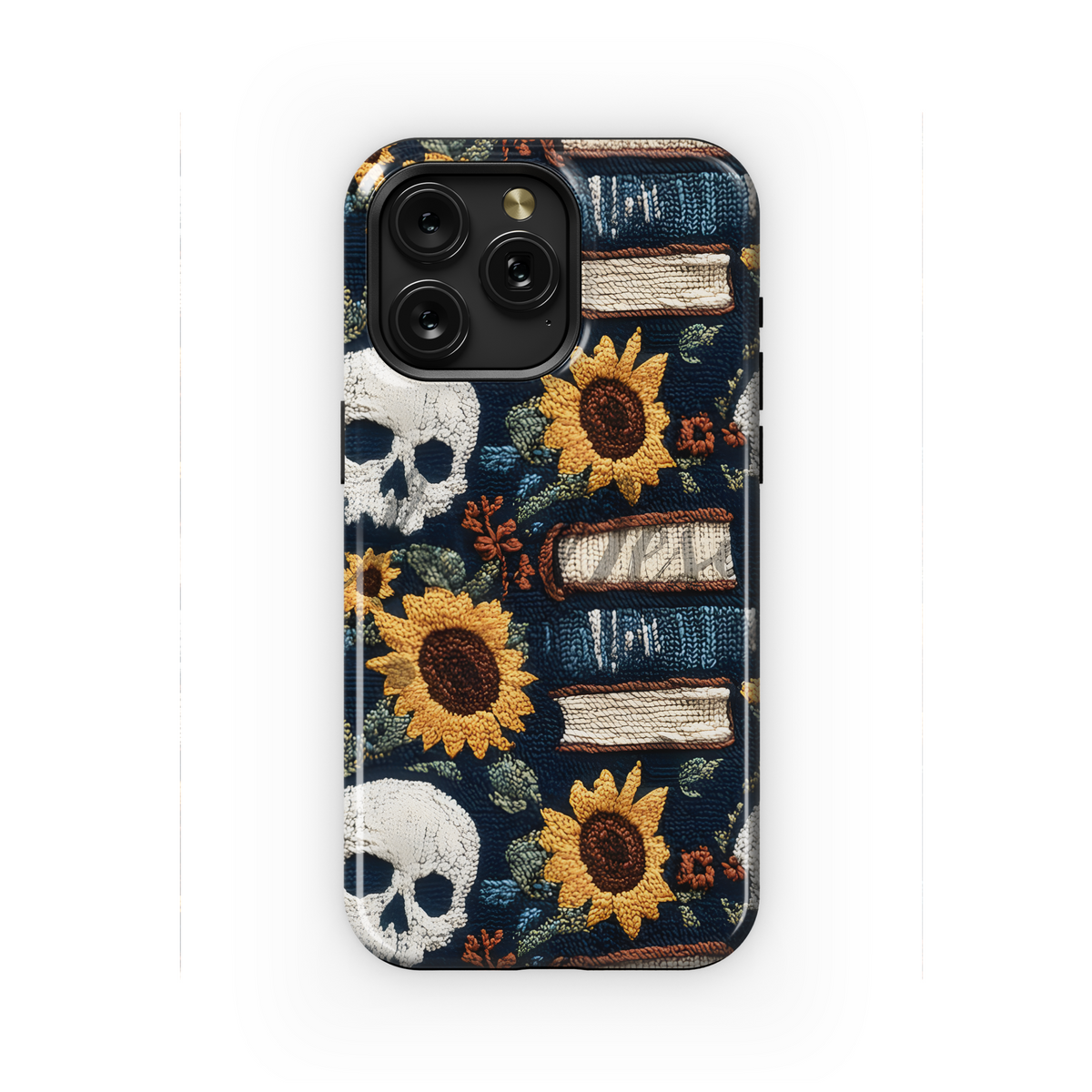 Gothic Book Lover Skull Sun Flower Embroidery Phone Case iPhone Samsung Cover Pixel 1937 - Image 1