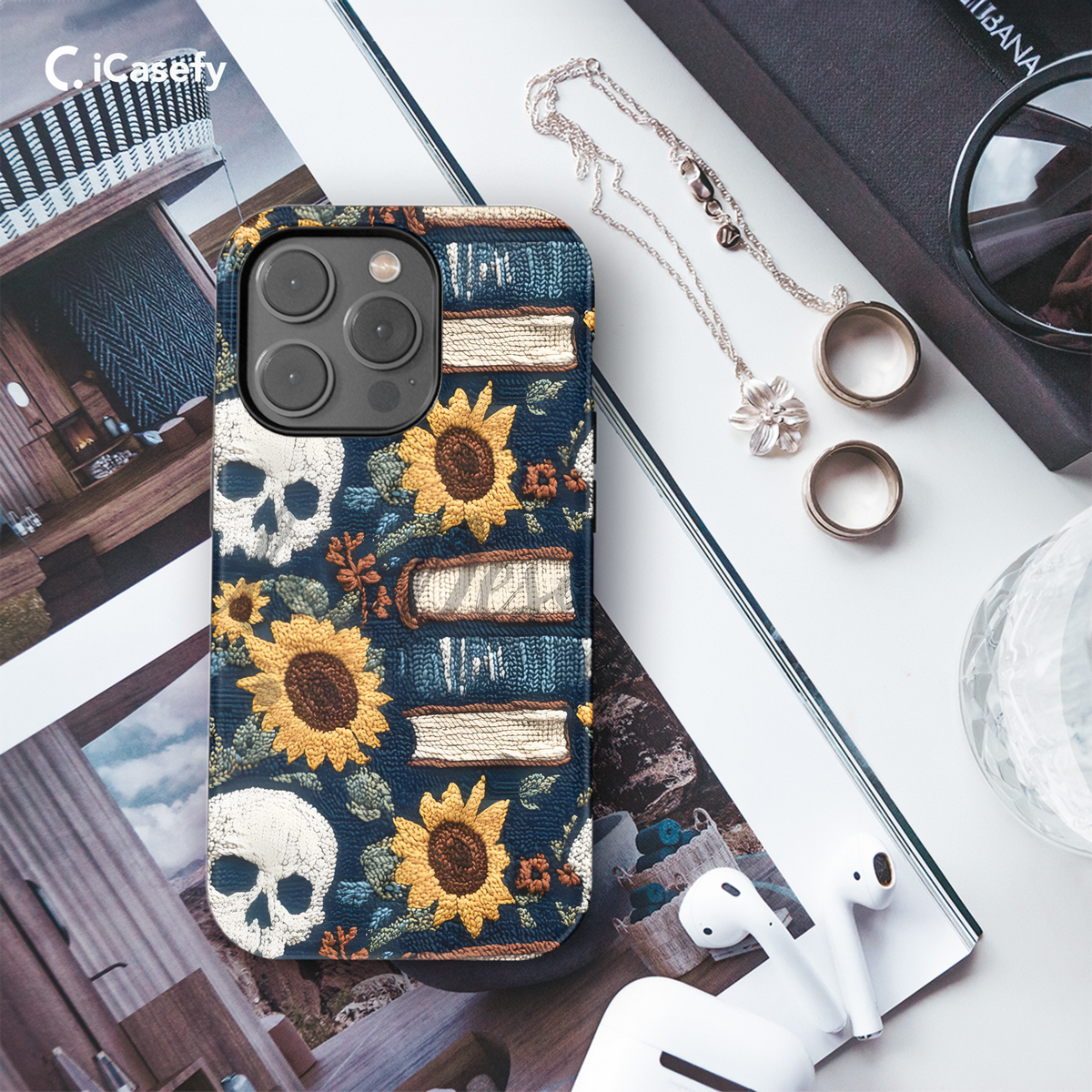 Gothic Book Lover Skull Sun Flower Embroidery Phone Case iPhone Samsung Cover Pixel 1937 - Image 3