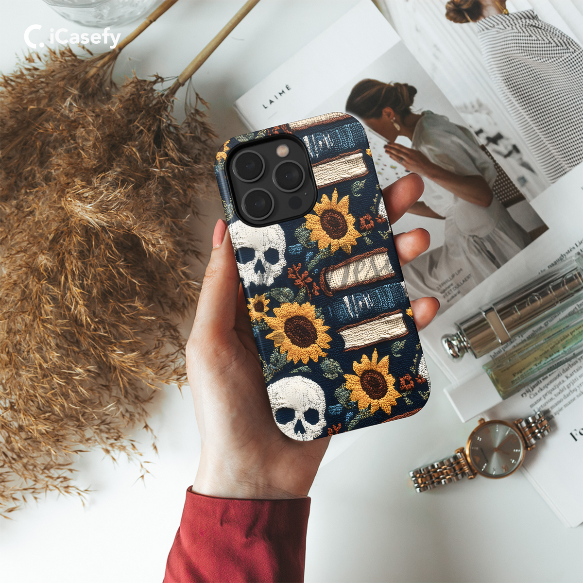 Gothic Book Lover Skull Sun Flower Embroidery Phone Case iPhone Samsung Cover Pixel 1937 - Image 4