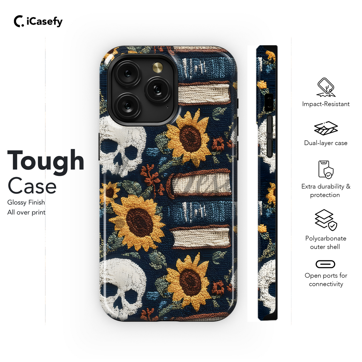 Gothic Book Lover Skull Sun Flower Embroidery Phone Case iPhone Samsung Cover Pixel 1937 - Image 6