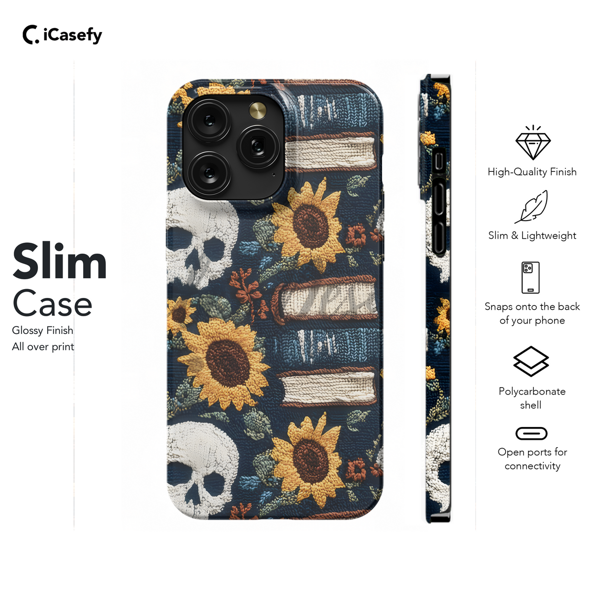 Gothic Book Lover Skull Sun Flower Embroidery Phone Case iPhone Samsung Cover Pixel 1937 - Image 7