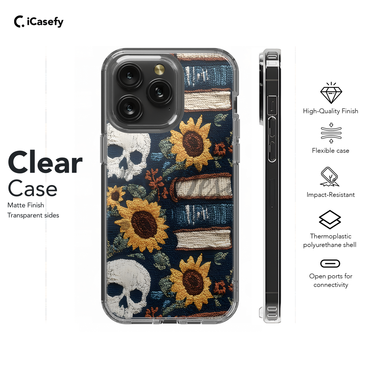 Gothic Book Lover Skull Sun Flower Embroidery Phone Case iPhone Samsung Cover Pixel 1937 - Image 8