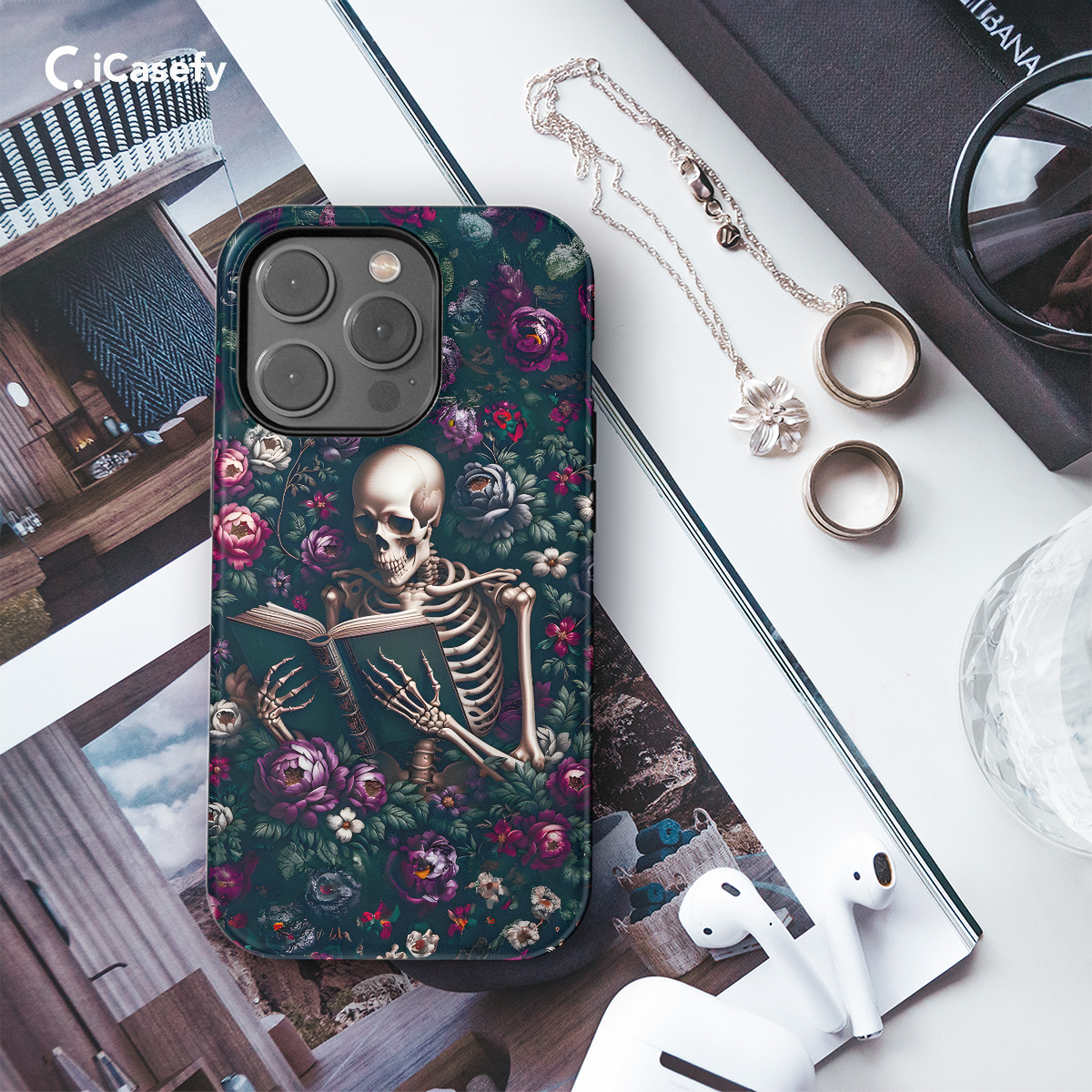 Gothic Skeleton Book Reading Floral Phone Case iPhone Samsung Cover Pixel 1691 - Image 3