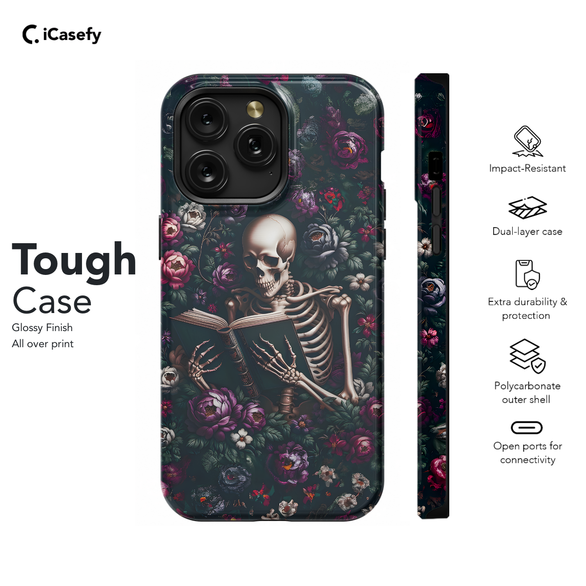 Gothic Skeleton Book Reading Floral Phone Case iPhone Samsung Cover Pixel 1691 - Image 5