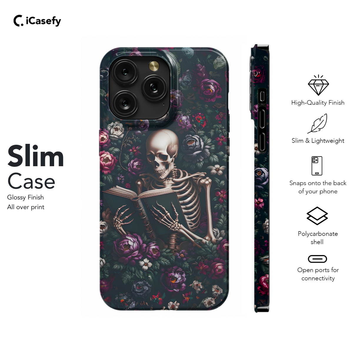 Gothic Skeleton Book Reading Floral Phone Case iPhone Samsung Cover Pixel 1691 - Image 6