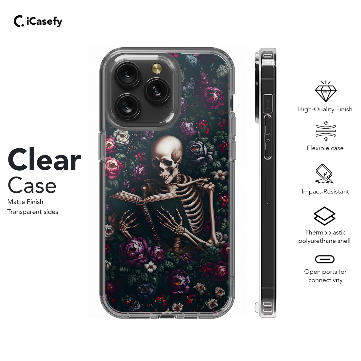 Gothic Skeleton Book Reading Floral Phone Case iPhone Samsung Cover Pixel 1691 - Image 7