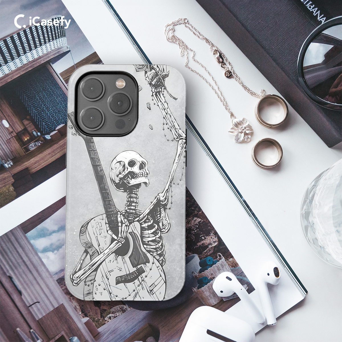 Gothic Skeleton Red Rose Guitar Phone Case iPhone Samsung Cover Pixel 1770 - Image 3