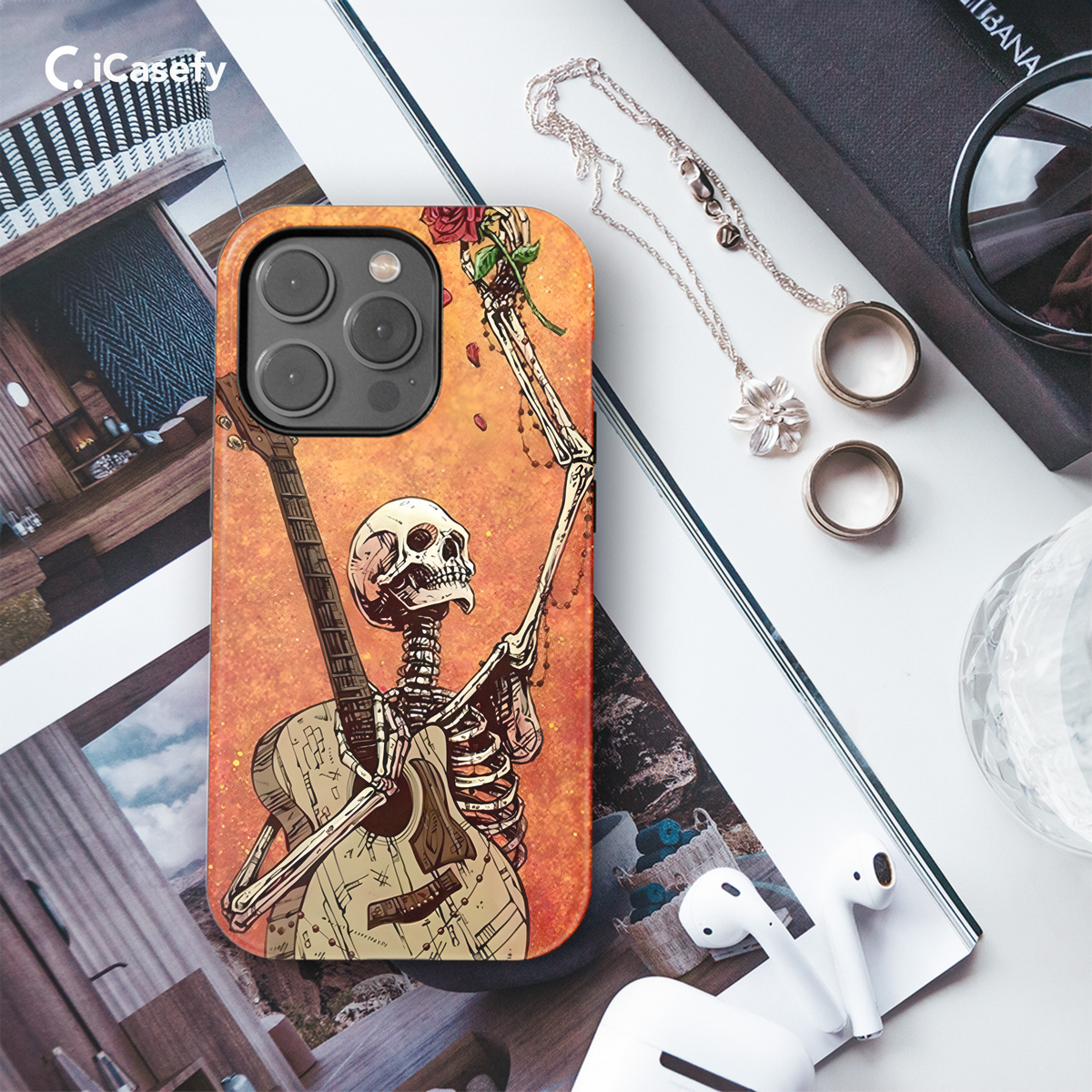 Gothic Skeleton Red Rose Guitar Phone Case iPhone Samsung Cover Pixel 1771 - Image 3