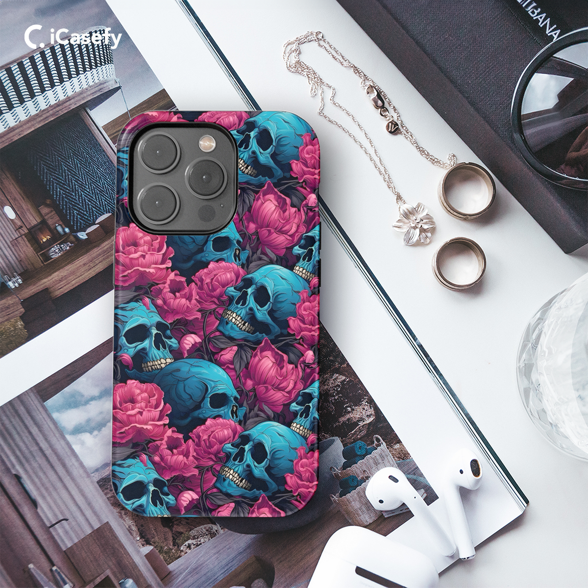 Gothic Skull Head Flower Phone Case iPhone Samsung Cover Pixel 1432 - Image 3