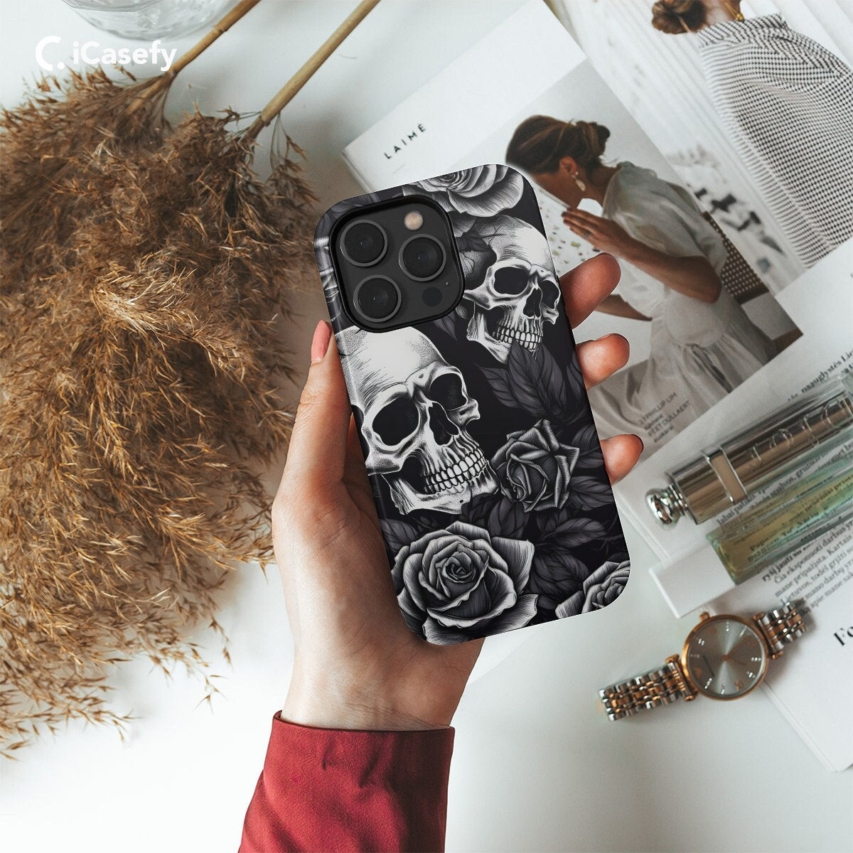 Gothic Skull Phone Case Rose Cover - Image 1