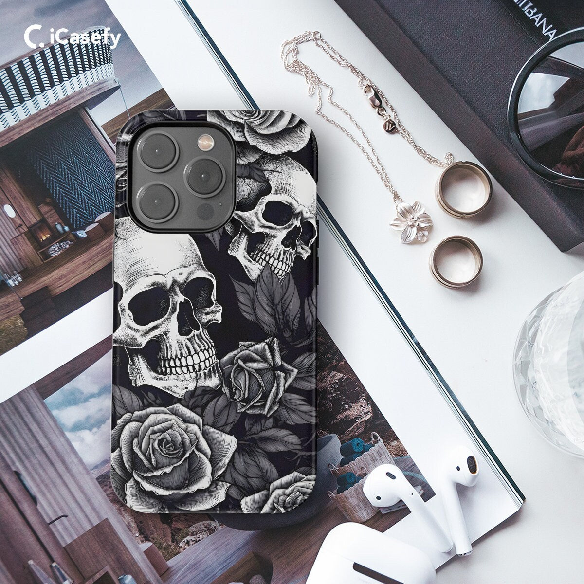 Gothic Skull Phone Case Rose Cover - Image 2