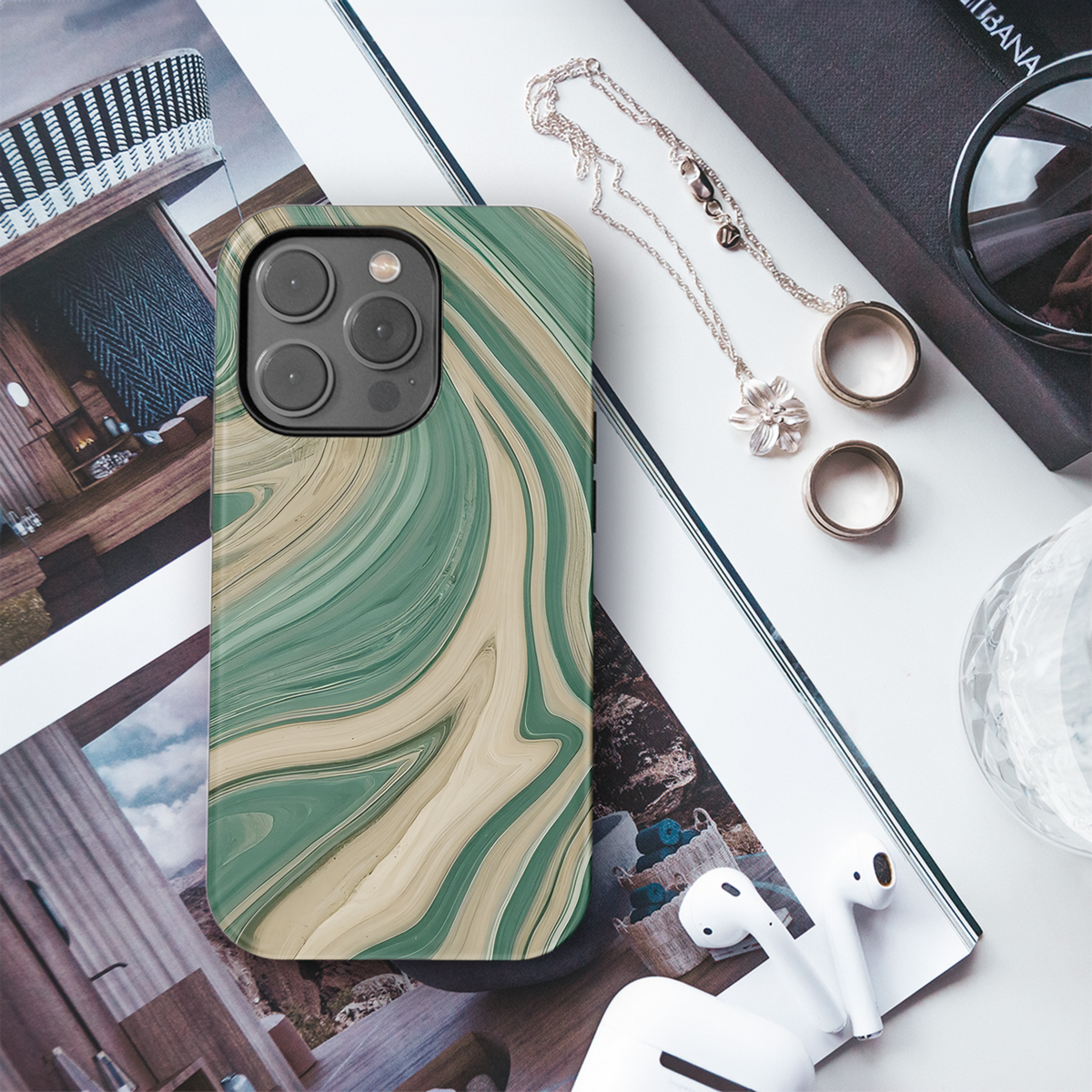 Green Beige Marbled Phone Case iPhone Samsung Cover Pixel 3760 - Image 3