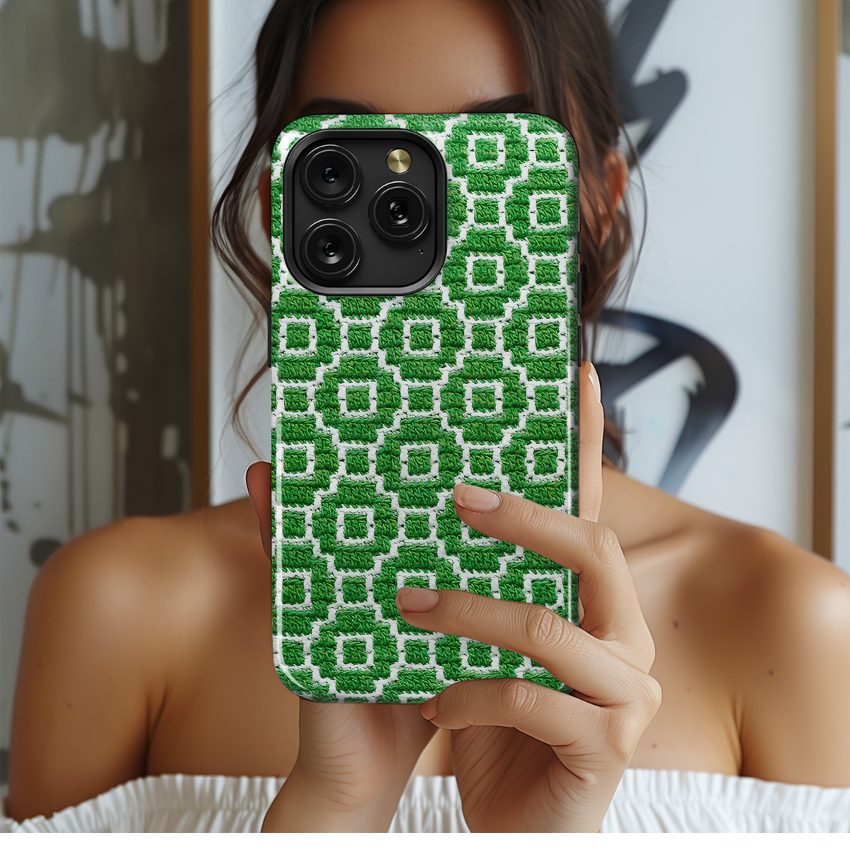 Green White Knitted Mosaic Phone Case iPhone Samsung Cover Pixel 3848 - Image 2