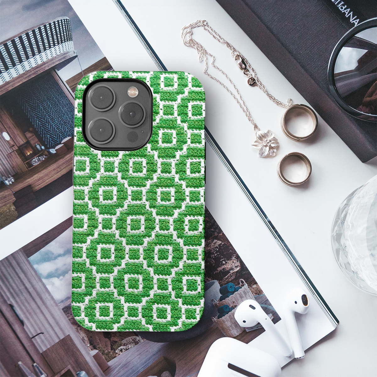 Green White Knitted Mosaic Phone Case iPhone Samsung Cover Pixel 3848 - Image 3