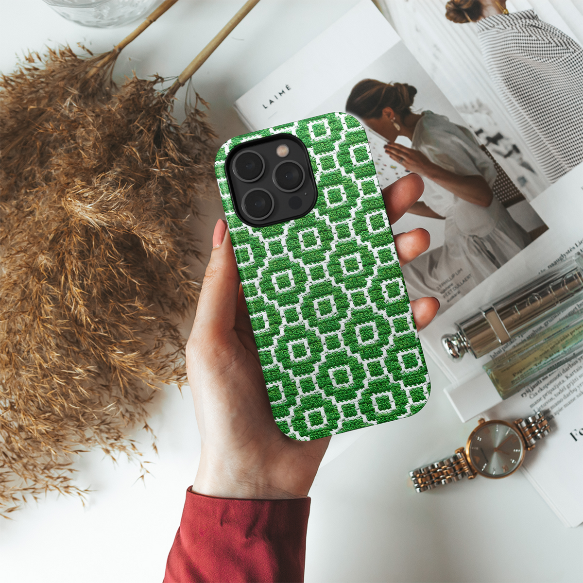 Green White Knitted Mosaic Phone Case iPhone Samsung Cover Pixel 3848 - Image 4