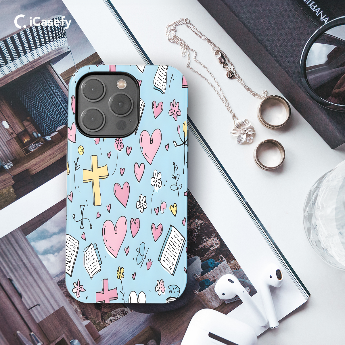 Heart Cross and Flower Seamless Blue Phone Case iPhone Samsung Cover Pixel 1149 - Image 3