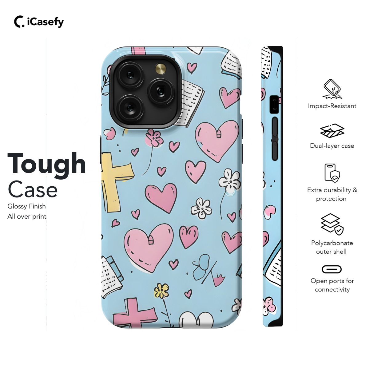 Heart Cross and Flower Seamless Blue Phone Case iPhone Samsung Cover Pixel 1149 - Image 5