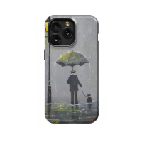 Rainy Men with Umbrella and Dog in Leash iPhone Xs Phone Case - Image 1