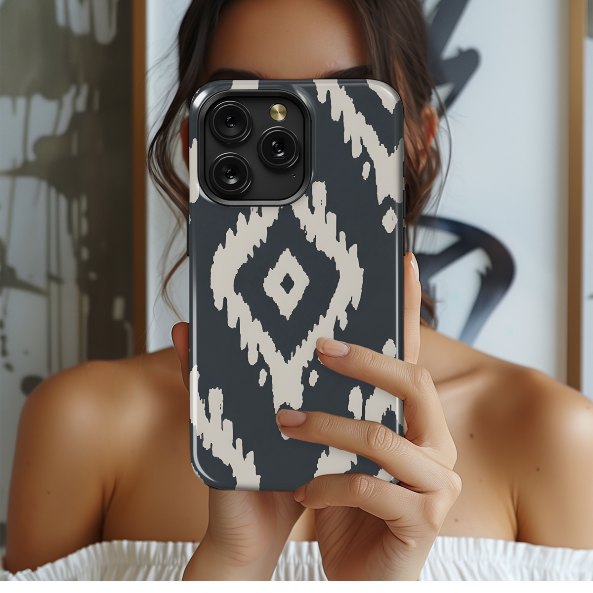 Ikat Geo Shapes Black and Cream Phone Case iPhone Samsung Cover Pixel 3347 - Image 2