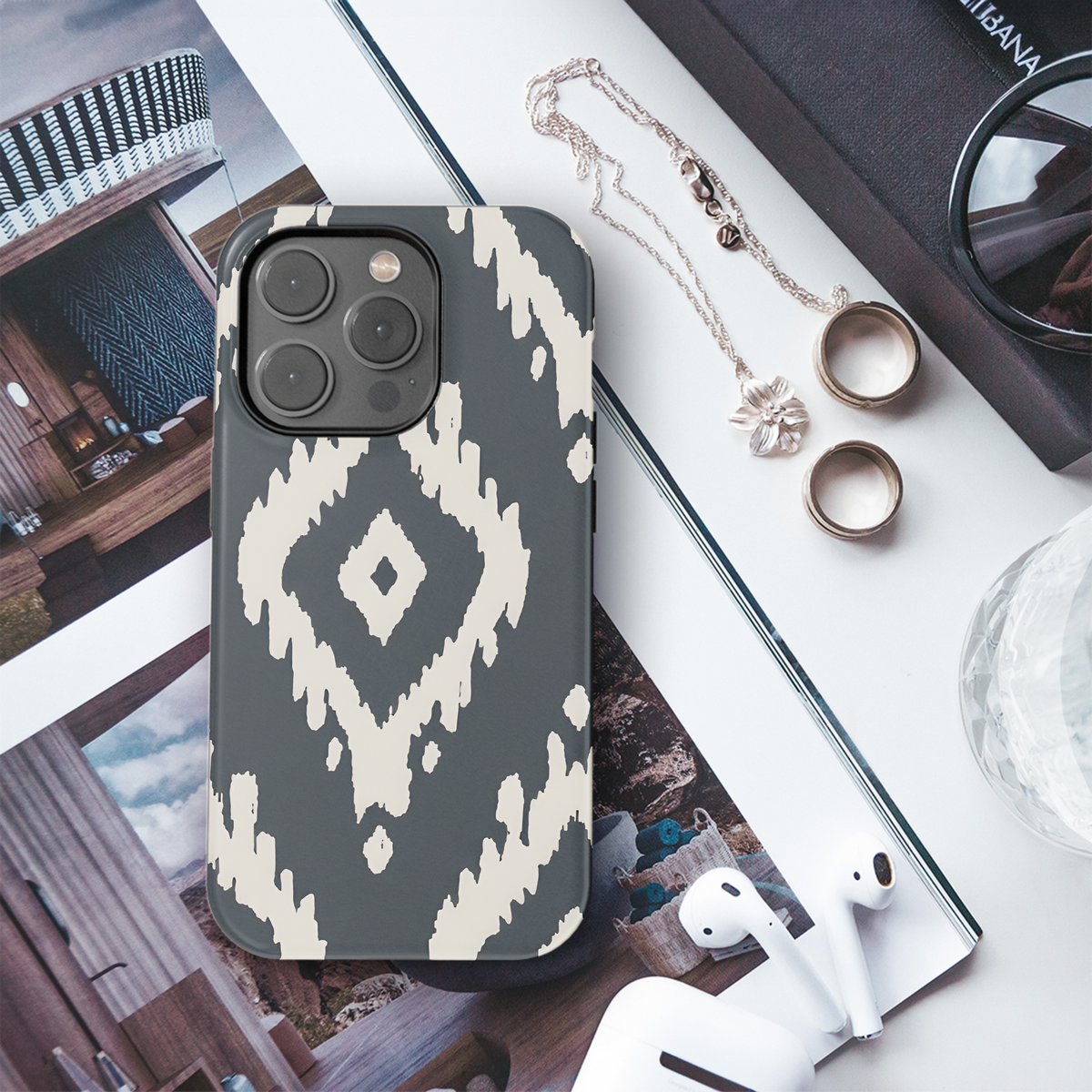 Ikat Geo Shapes Black and Cream Phone Case iPhone Samsung Cover Pixel 3347 - Image 3