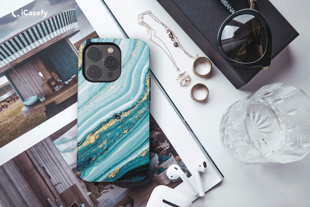 Marble Phone Case Glitter Cyan Black Gold Cover - Image 2