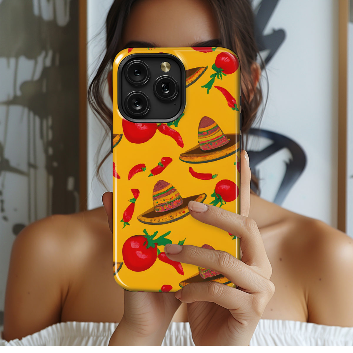 Mexican Hat with Tomatoes Jalapenos Surreal Yellow Phone Case iPhone Samsung Cover Pixel 3615 - Image 2